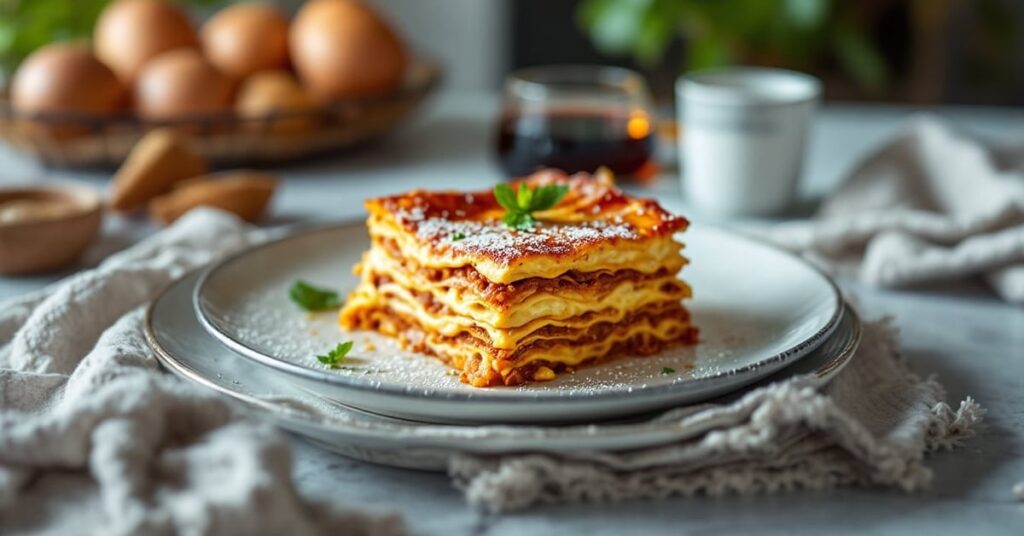 Lasagnes faciles maison bolognaise et béchamel dorées au four dans un plat en céramique