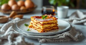 Lasagnes faciles maison bolognaise et béchamel dorées au four dans un plat en céramique