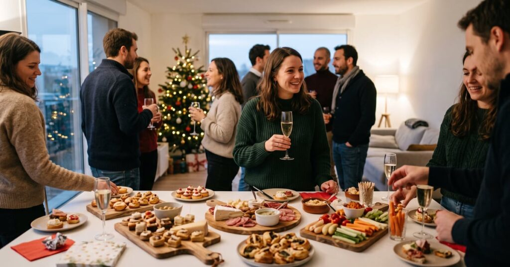 Apéro dînatoire de Noël élégant avec verrines, bouchées festives et décorations hivernales