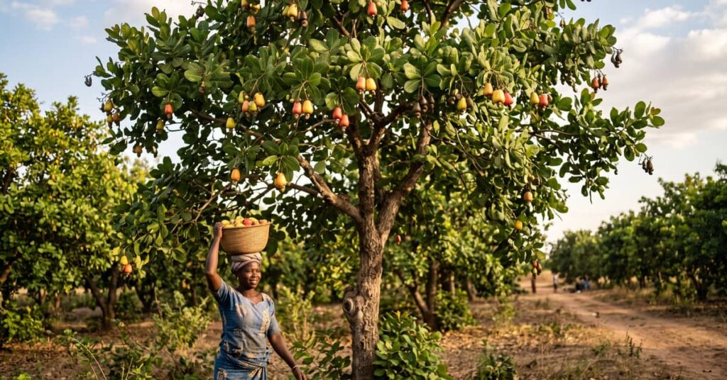 Arbres noix de cajou avec leurs fruits caractéristiques en pleine croissance dans une plantation tropicale