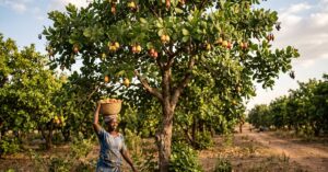 Arbres noix de cajou avec leurs fruits caractéristiques en pleine croissance dans une plantation tropicale
