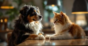 Professionnel du bien-être animalier en interaction douce avec un animal, dans un environnement moderne et serein