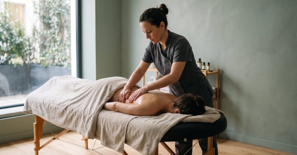 Masseuse bien-être pratiquant un massage relaxant dans un espace moderne et apaisant