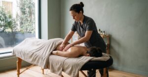 Masseuse bien-être pratiquant un massage relaxant dans un espace moderne et apaisant