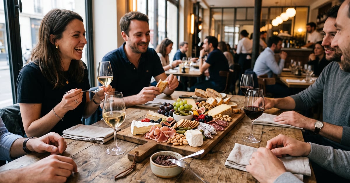 Planche apéro dinatoire généreuse avec charcuterie, fromages, fruits et crackers sur une planche en bois rustique
