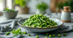 Haricots verts frais dans une assiette élégante, idéaux pour des recettes légères et savoureuses