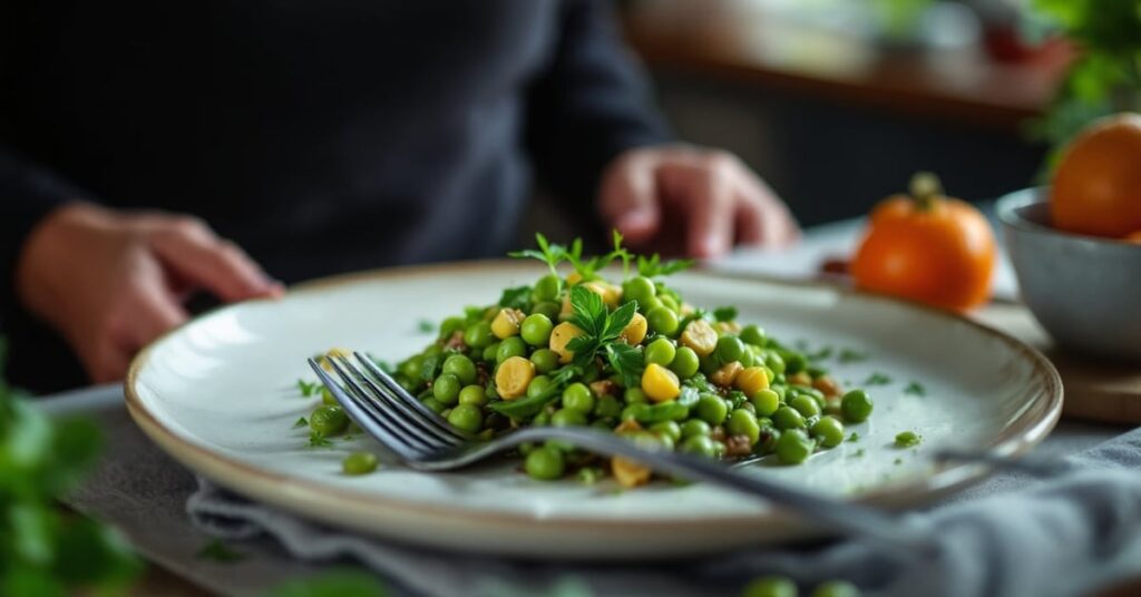 Salade aux haricots verts fraîche avec vinaigrette maison dans une assiette moderne