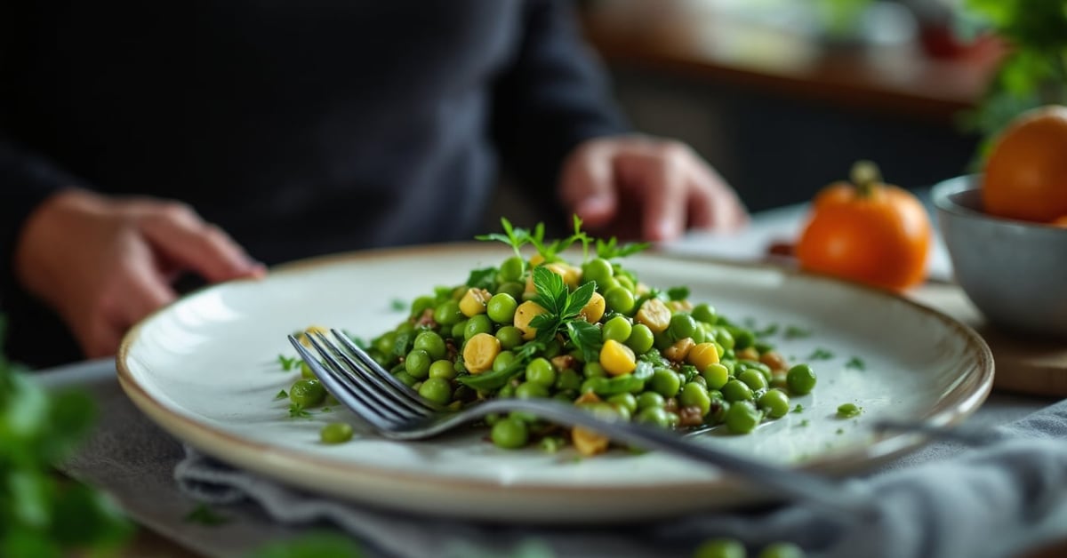 Salade aux haricots verts fraîche avec vinaigrette maison dans une assiette moderne
