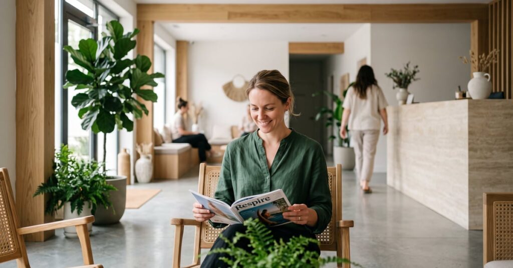 Salon bien-être moderne avec coiffeuse élégante et ambiance apaisante pour soins capillaires