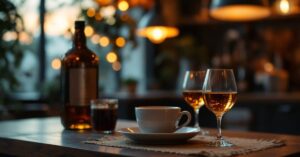 Verre d'eau chaude avec vinaigre de cidre le soir sur une table moderne