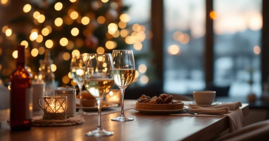 Apéro dînatoire de Noël chic avec verrines élégantes, charcuterie fine et décorations festives dorées