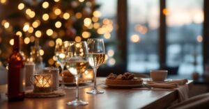 Apéro dînatoire de Noël chic avec verrines élégantes, charcuterie fine et décorations festives dorées