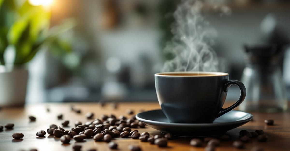 Tasse de café noir fumant sur une table moderne, illustrant les bienfaits du café noir pour la santé