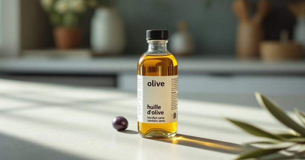 Huile d'olive bienfaits santé – bouteille et olives fraîches sur fond naturel