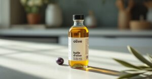 Huile d'olive bienfaits santé – bouteille et olives fraîches sur fond naturel