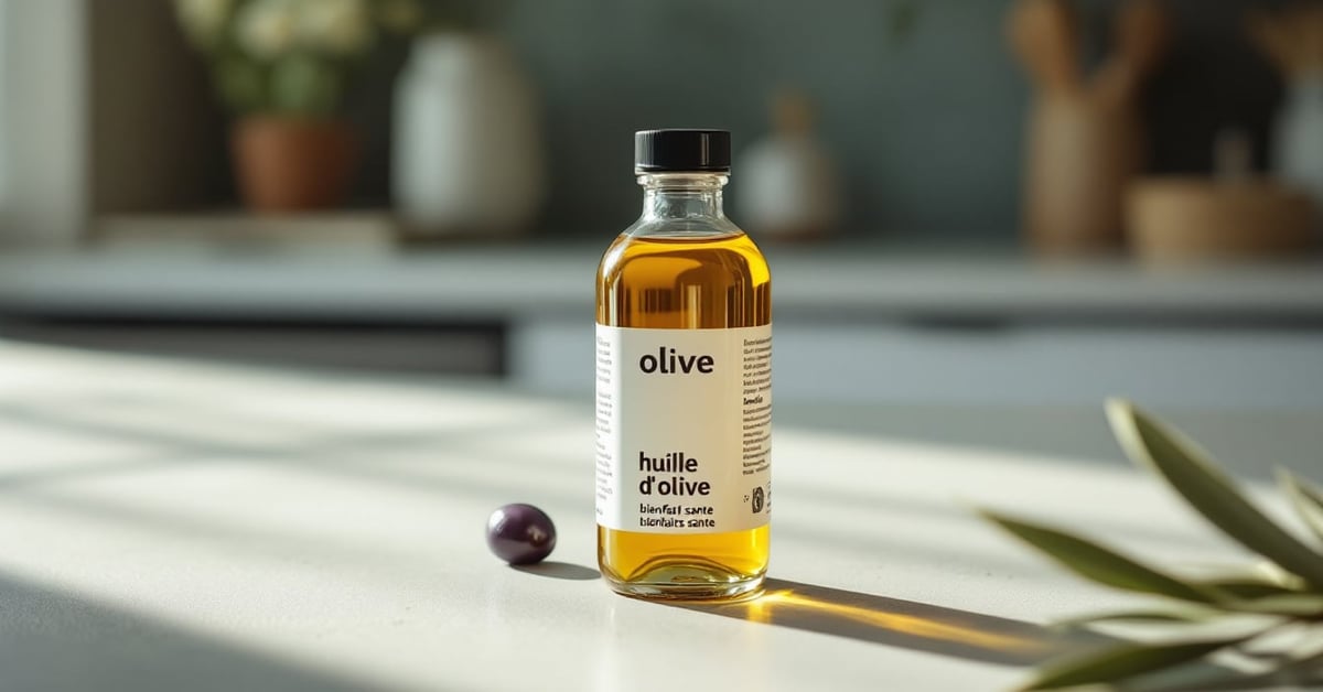Huile d'olive bienfaits santé – bouteille et olives fraîches sur fond naturel