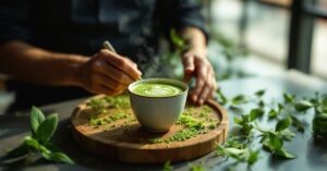 Matcha vertus et bienfaits : bol de thé matcha japonais avec poudre verte et fouet en bambou