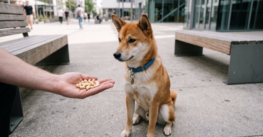 Un chien curieux renifle des noix de cajou posées sur une surface, noix de cajou chien