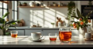 Tasse de rooibos rouge infusé avec des feuilles séchées, illustrant les bienfaits et vertus de cette tisane sans caféine